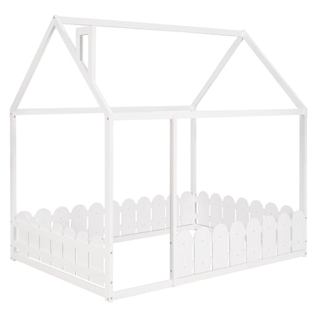 (Slats are not included) Full Size Wood Bed House Bed Frame with Fence for Kids Teens Girls Boys (White ) - V.I.P Digital Presence