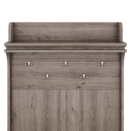 Hall tree with storage desk, entrance desk with drawers and 5 hooks, display rack,Oak - V.I.P Digital Presence