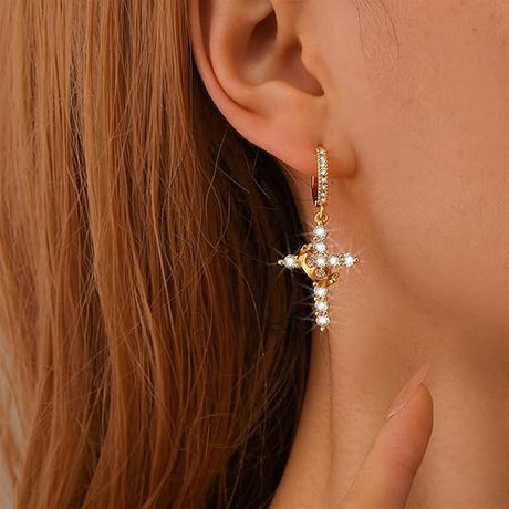 Rotating Crown Cross Earrings Set with Zircon - V.I.P Digital Presence