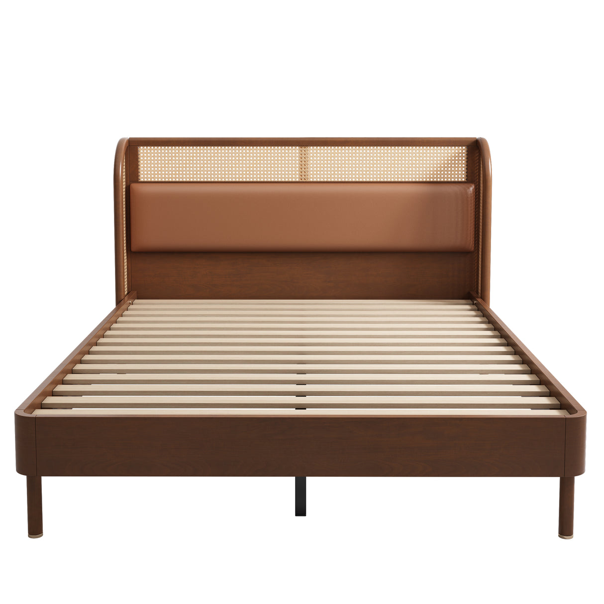 Modern Cannage Rattan Wood Platform Queen Bed Walnut