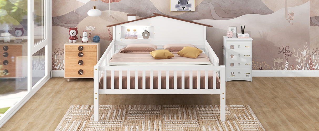 Full Size Wood Platform Bed with House-shaped Headboard, LED and Built-in Storage, White - V.I.P Digital Presence