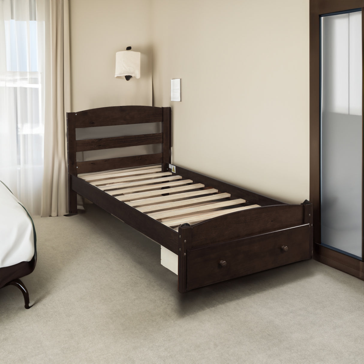 Platform Twin Bed Frame with Storage Drawer and Wood Slat Support No Box Spring Needed Espresso - V.I.P Digital Presence