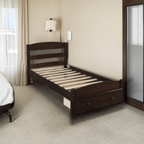 Platform Twin Bed Frame with Storage Drawer and Wood Slat Support No Box Spring Needed Espresso - V.I.P Digital Presence