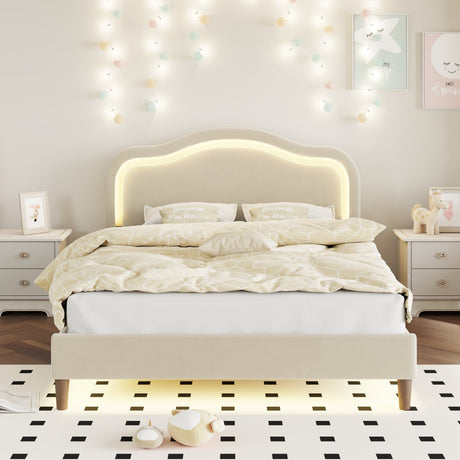 Full Size Velvet Upholstered Smart LED Bed Frame with Adjustable Height Headboard,No Box Spring Needed,Easy Assembly,Beige - V.I.P Digital Presence