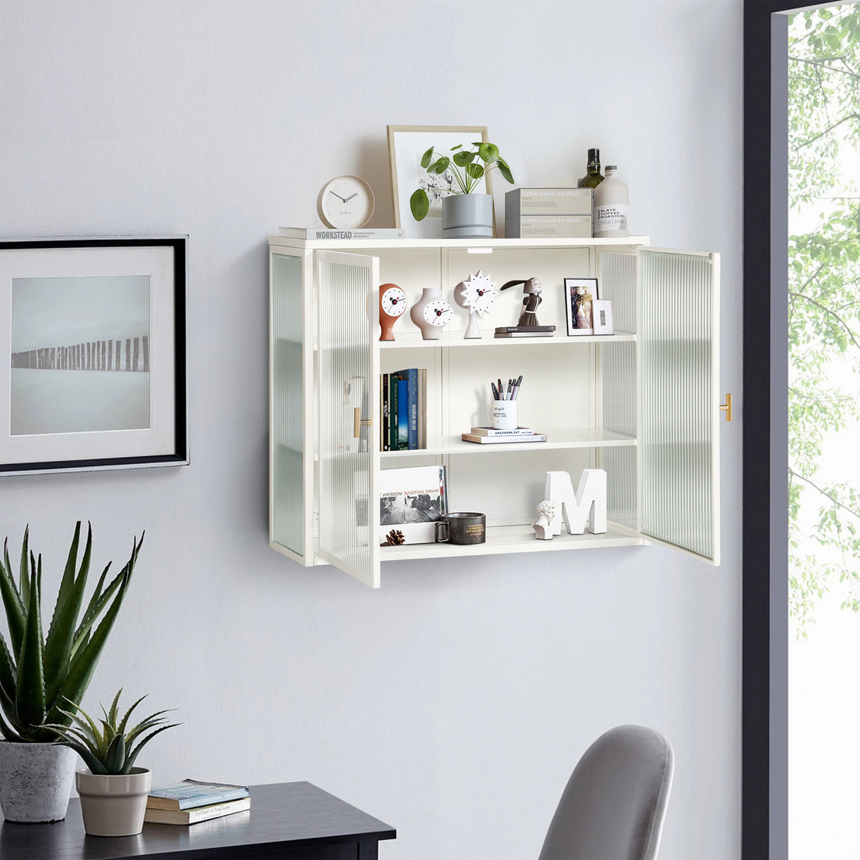 27.56"Glass Doors Modern Two-door Wall Cabinet with Featuring Three-tier White