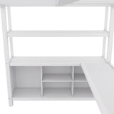 Metal loft bed with wardrobe and L-shaped desk, full-size loft bed with storage cabinet and shelf, white - V.I.P Digital Presence