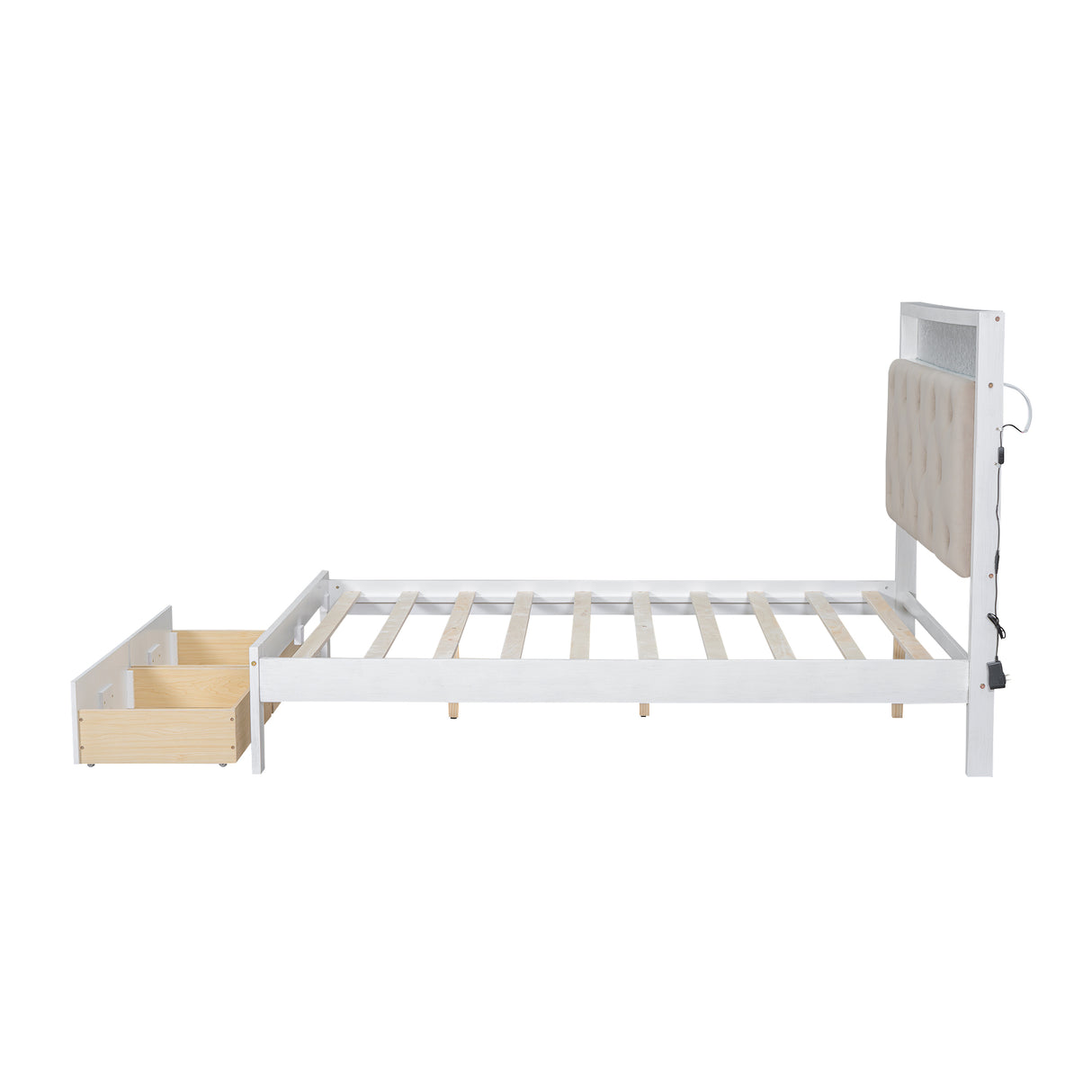 Wood Full Size Platform Bed with Upholstered Headboard and LED and 2 Drawers, Antique White - V.I.P Digital Presence