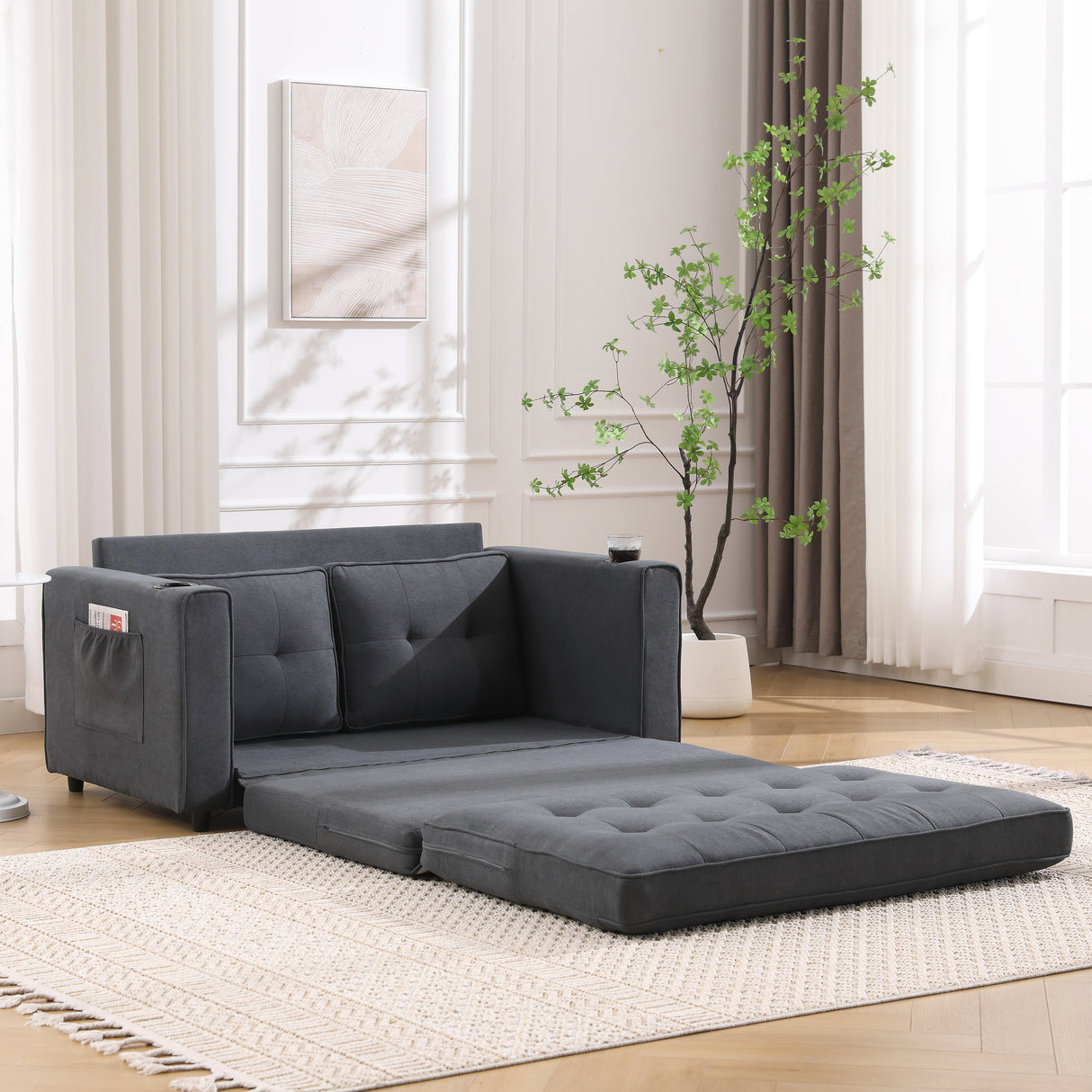 Three in one soft cushion cushion cushion sofa, folding mattress sofa bed, with side pockets and cup holder, dark gray - V.I.P Digital Presence