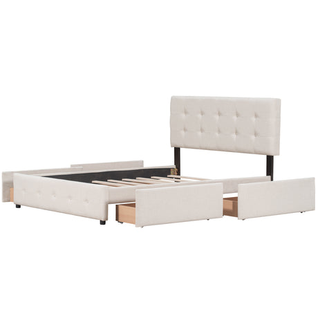 Upholstered Platform Bed with Classic Headboard and 4 Drawers No Box Spring Needed Linen Fabric Queen Size Beige - V.I.P Digital Presence