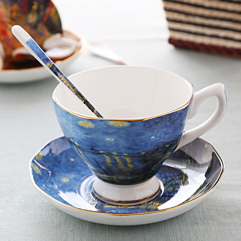 British Luxe Saucer and Spoon Afternoon Tea Cup with Van Gogh Oil Painting Design, Bone China Coffee Cup, Creative Souvenir Ceramic Mug - V.I.P Digital Presence