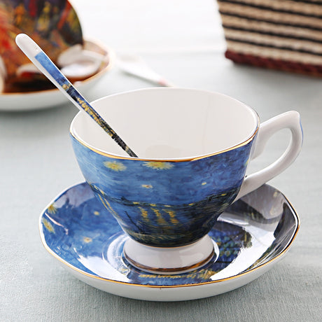 British Luxe Saucer and Spoon Afternoon Tea Cup with Van Gogh Oil Painting Design, Bone China Coffee Cup, Creative Souvenir Ceramic Mug - V.I.P Digital Presence