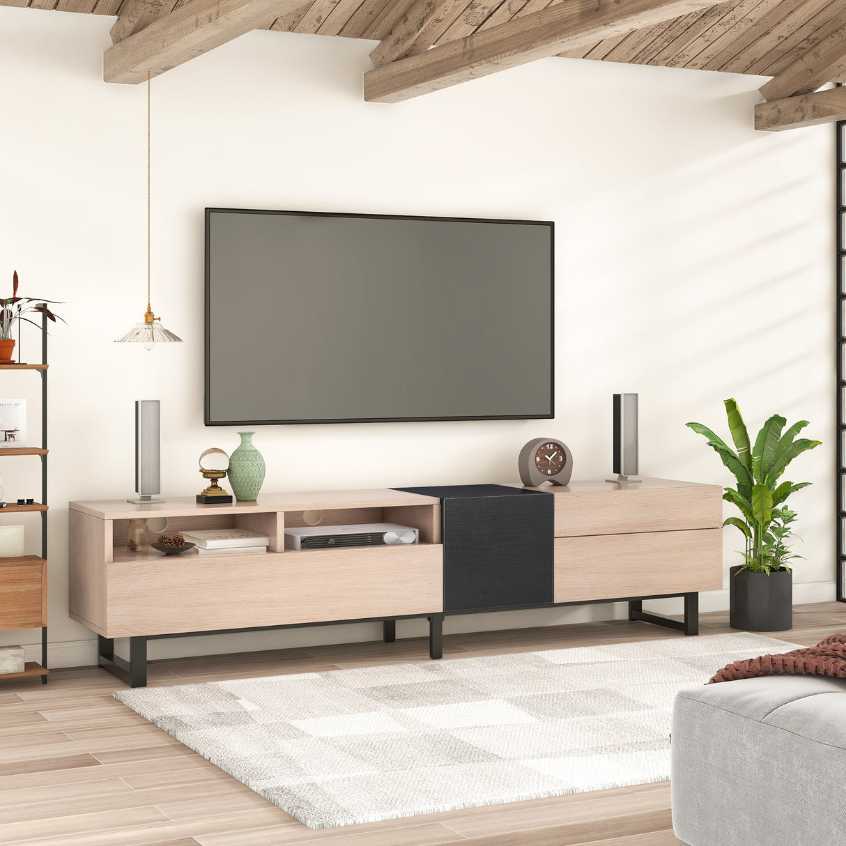 Modern TV Stand for 80'' TV with Double Storage Space Media Console Table Entertainment Center with Drop Down Door