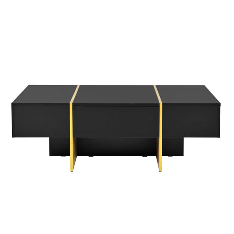 ON-TRANS 47.2 inch x 31.4 inch multifunctional rectangular sofa table with 2 drawers and gold wood grain leg center table, black - V.I.P Digital Presence