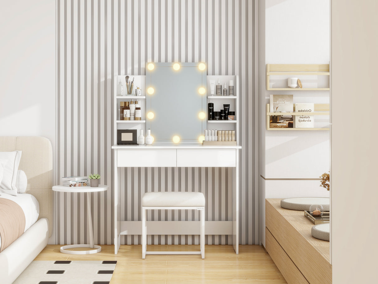 Makeup Vanity Desk With LED Lighted Mirror ,Dressing Table Set With 2 Large Drawers 10 LED Light ,White Color - V.I.P Digital Presence