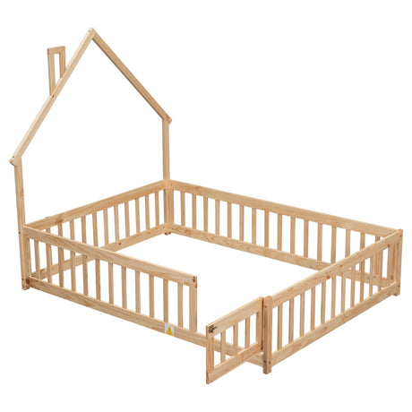Full House-Shaped Headboard Floor Bed with Fence Natural - V.I.P Digital Presence