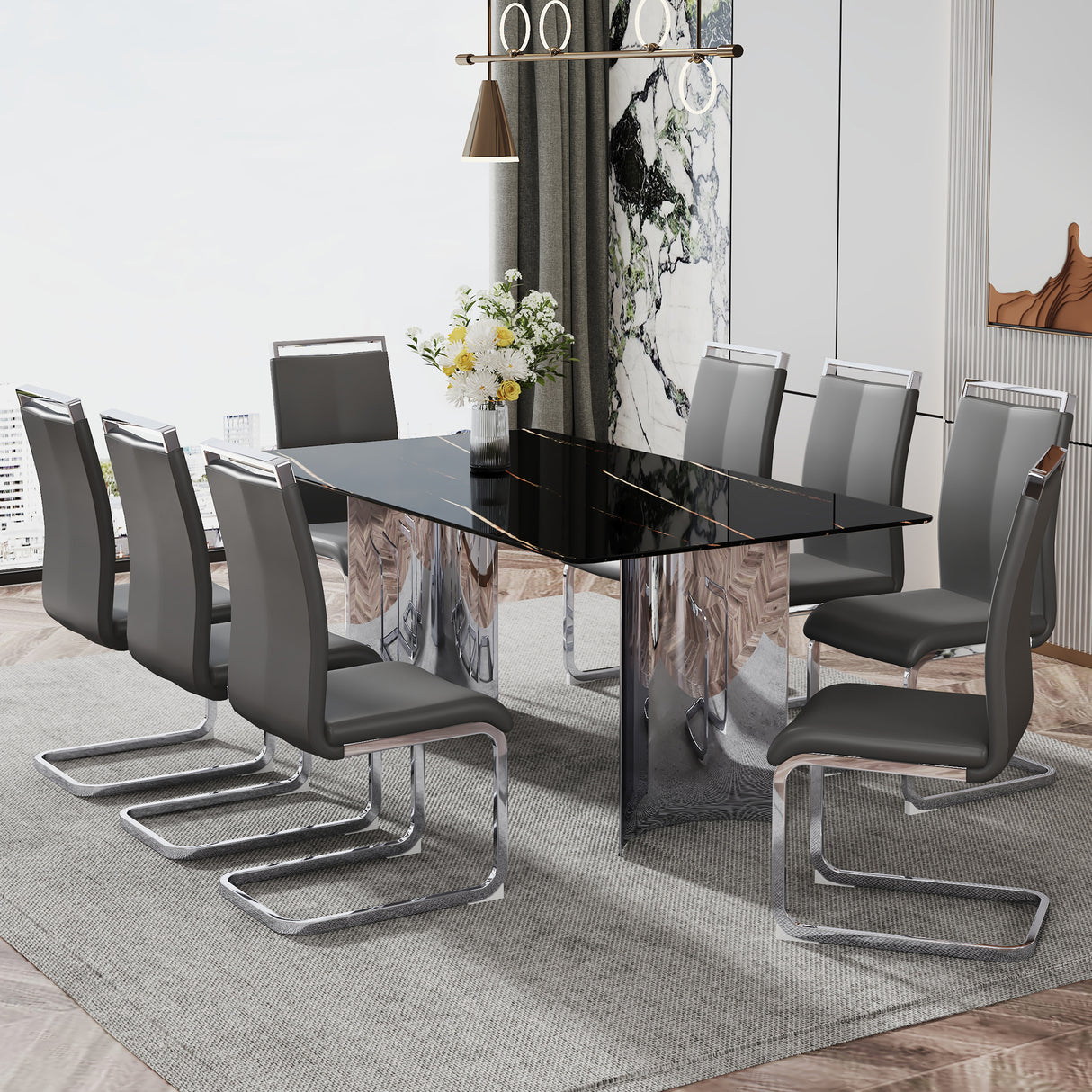 Modern minimalist dining table The black imitation marble glass desktop is equipped with silver metal legs - V.I.P Digital Presence