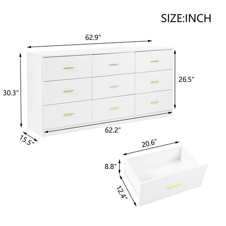 Modern White 9-Drawer Dresser for Bedroom - Ample Storage Wide Chest of Drawers, Sturdy & Safe - V.I.P Digital Presence