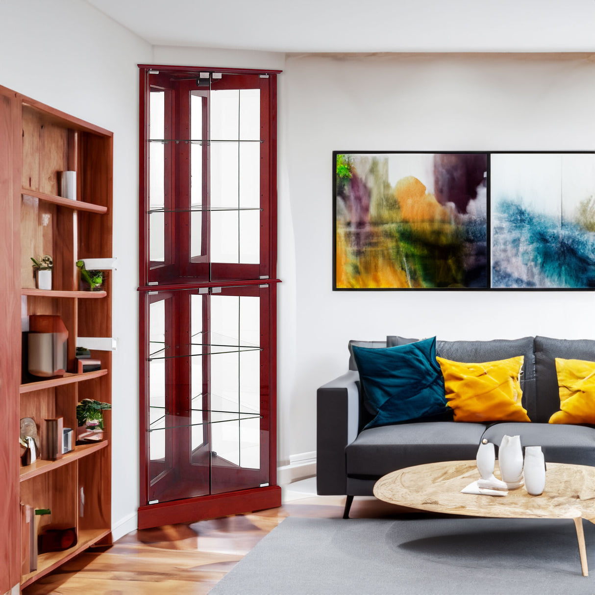 Corner Curio Dispaly Cabinet with Lights, Adjustable Tempered Glass Shelves, Mirrored Back,Cherry(E26 light bulb not included) - V.I.P Digital Presence