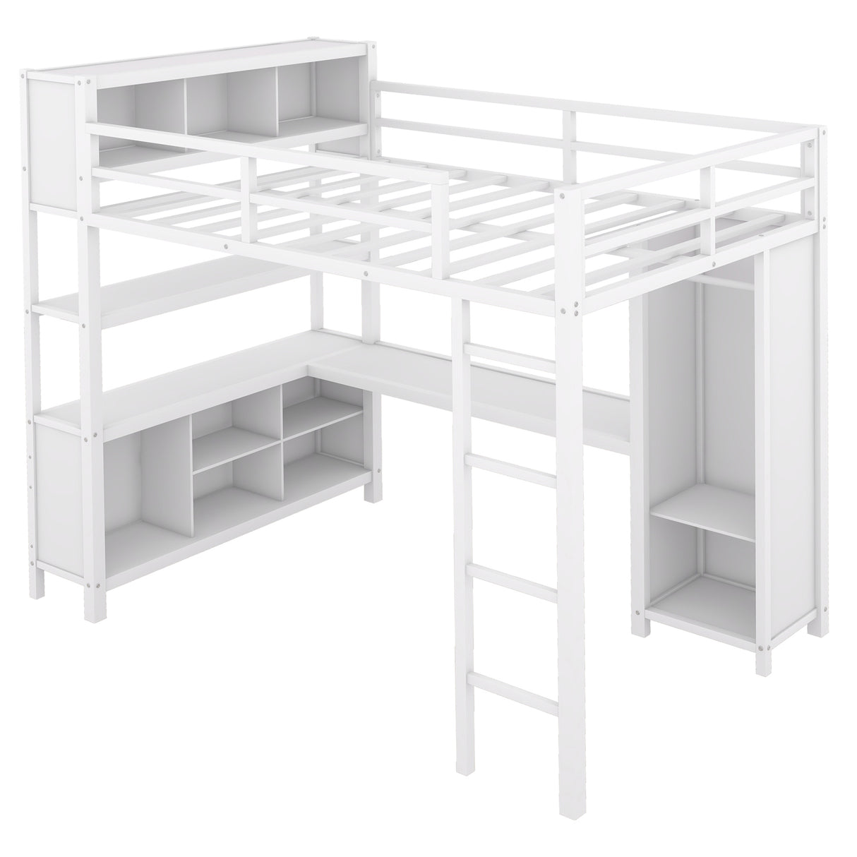 Metal loft bed with wardrobe and L-shaped desk, full-size loft bed with storage cabinet and shelf, white - V.I.P Digital Presence