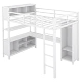 Metal loft bed with wardrobe and L-shaped desk, full-size loft bed with storage cabinet and shelf, white - V.I.P Digital Presence