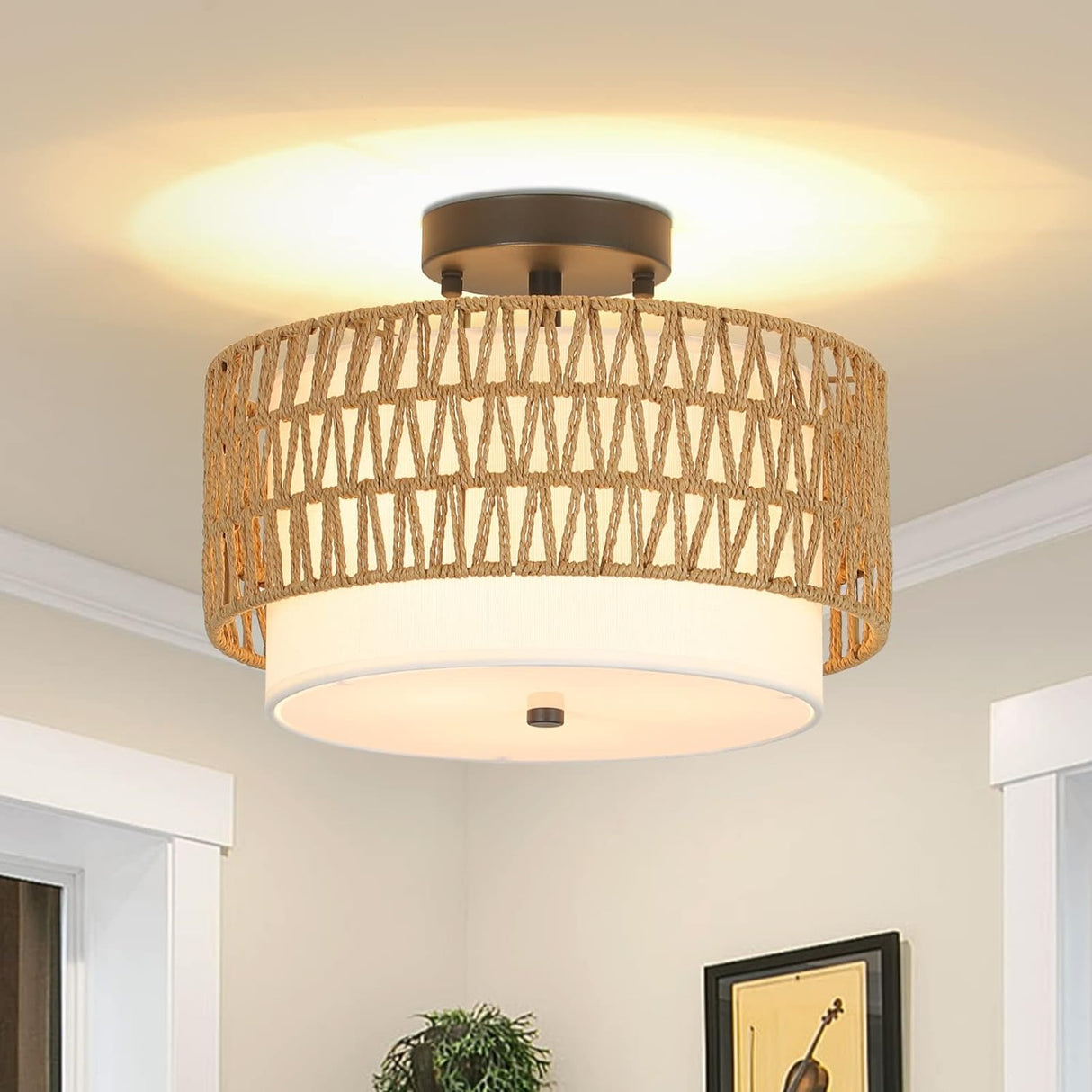 3-Light Semi Flush Mount Ceiling Light Fixture, Boho Rattan Light Fixtures Ceiling, Farmhouse Drum Light with Fabric Shade - V.I.P Digital Presence