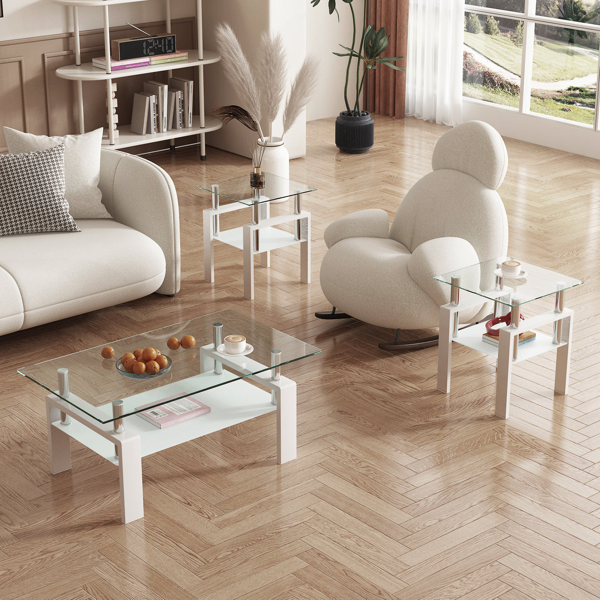Set of 2, Modern Tempered Glass Tea Table Coffee Table End Table, Square Table for Living Room, Transparent/White - V.I.P Digital Presence