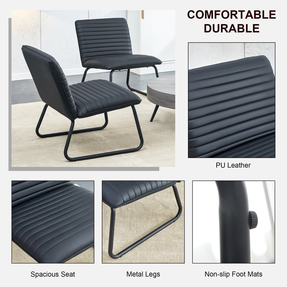 Black minimalist armless sofa chair with PU backrest paired with black metal legs