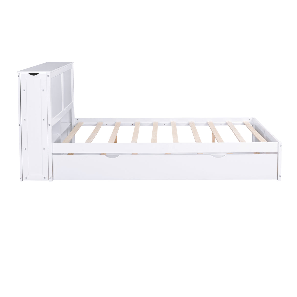 Queen Size Storage Platform Bed with Pull Out Shelves and Twin XL Size Trundle  White