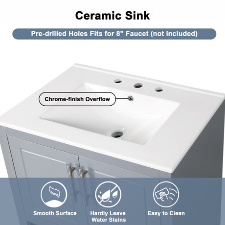 30" Bathroom Vanity with Sink, Multi-functional Bathroom Cabinet with Doors and Drawers, Solid Frame and MDF Board, Grey - V.I.P Digital Presence