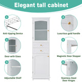 High bathroom storage cabinet with glass door, freestanding, two drawers and adjustable shelves, MDF board, painted white - V.I.P Digital Presence
