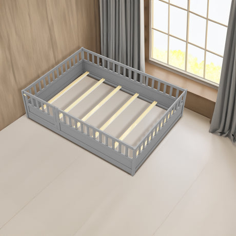 Full size floor bed, children's floor bed frame, Montessori wood floor bed, support Flat noodles gray - V.I.P Digital Presence