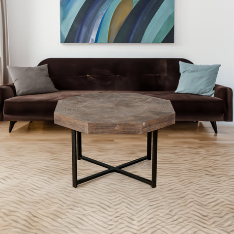 Wooden octagonal retro patchwork craft 30 inch wooden tabletop cross metal leg coffee table (antique brown) - V.I.P Digital Presence
