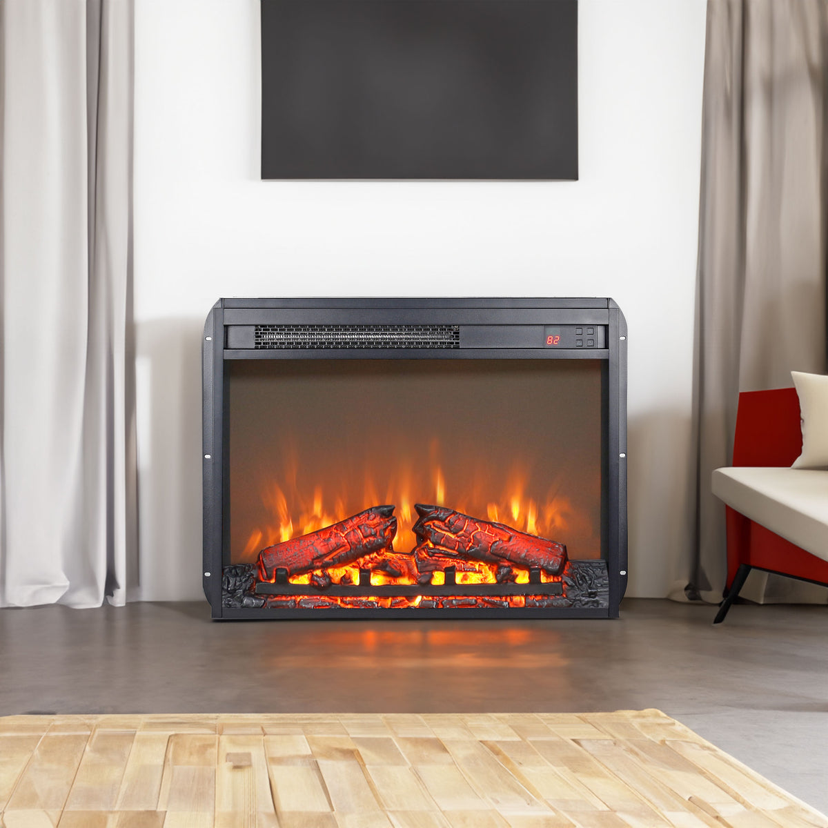 23 inch electric fireplace insert ultra thin heater with log set & realistic flame remote control - V.I.P Digital Presence