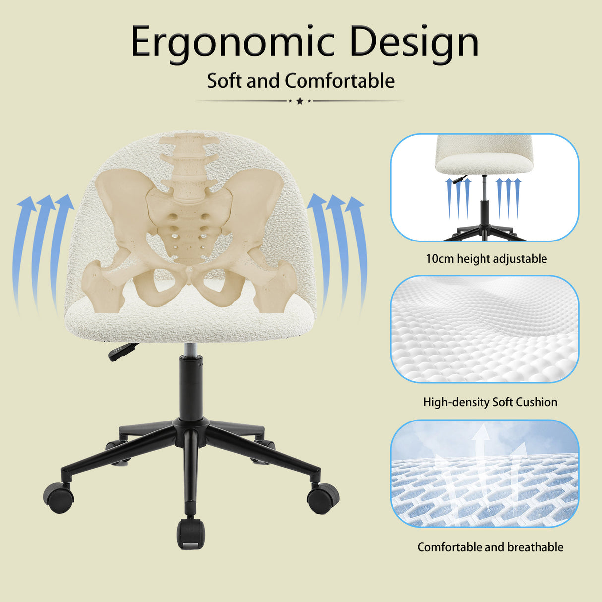 Velvet fabric office chair, mid back adjustable rotating computer chair, black legs, cushioned office chair with wheels ，White - V.I.P Digital Presence