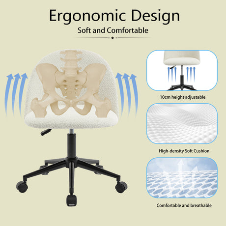 Velvet fabric office chair, mid back adjustable rotating computer chair, black legs, cushioned office chair with wheels ，White - V.I.P Digital Presence