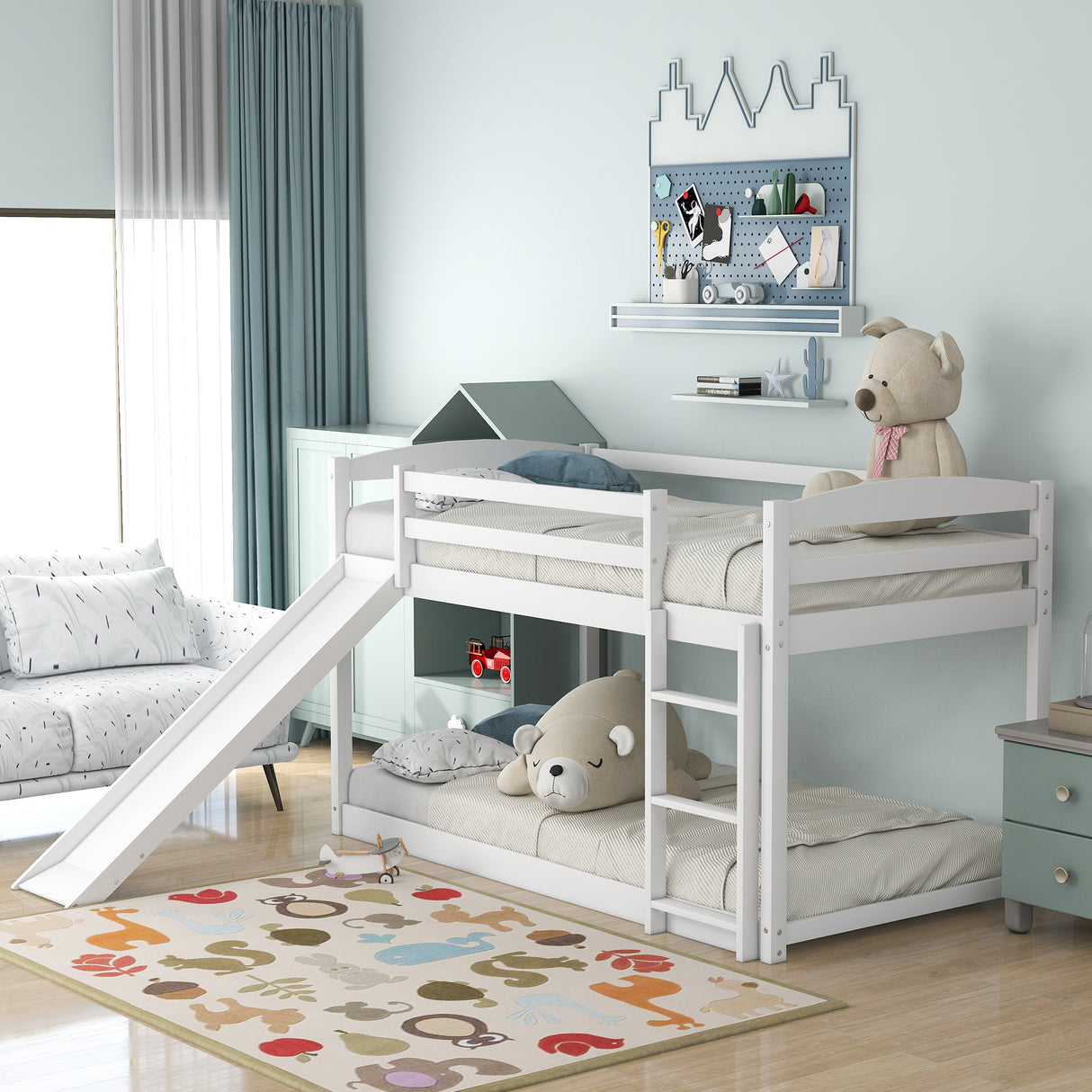 Twin over Twin Bunk Bed with Convertible Slide and Ladder   White