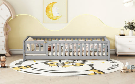 Twin Size Bed Floor Bed with Safety Guardrails and Door for Kids, Gray - V.I.P Digital Presence