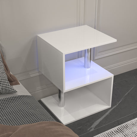 3-layer S-shaped coffee table, high gloss side table with open storage rack and USB power supply, white LED coffee table - V.I.P Digital Presence
