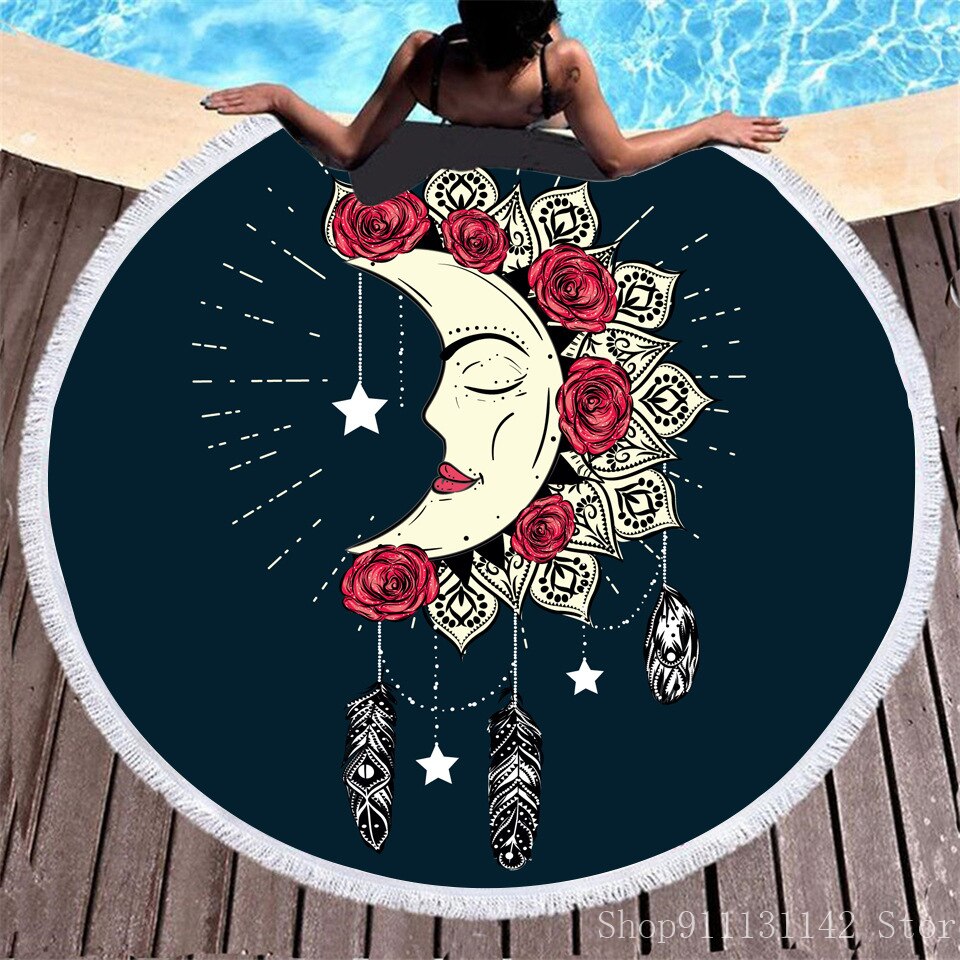 3d Bohemian Tai Chi Animal Digital Print Round Ribbon Beach Towel Swimming Yoga Picnic Mat Bikini Covered Napkin