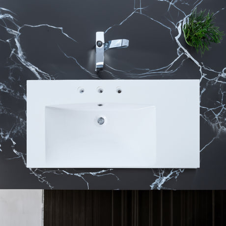 36" Single Bathroom Basin Sink, Left Offset Sink Vanity Top Only, 3-Faucet Holes, Resin - V.I.P Digital Presence