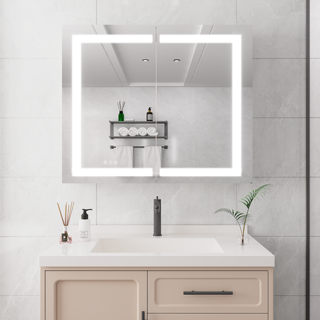 36 x 30 inch Medicine Cabinet with LED Vanity Mirror Anti-Fog  Recessed or Surface Mount Waterproof DimmableAluminum 3000K~6000K Lighted Double Door Bathroom Cabinet with Touch Switch - V.I.P Digital Presence