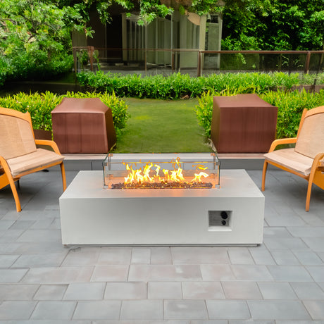 52 Inch Outdoor Concrete Propane gas rectangle Fire Pit table in Antique white color - V.I.P Digital Presence