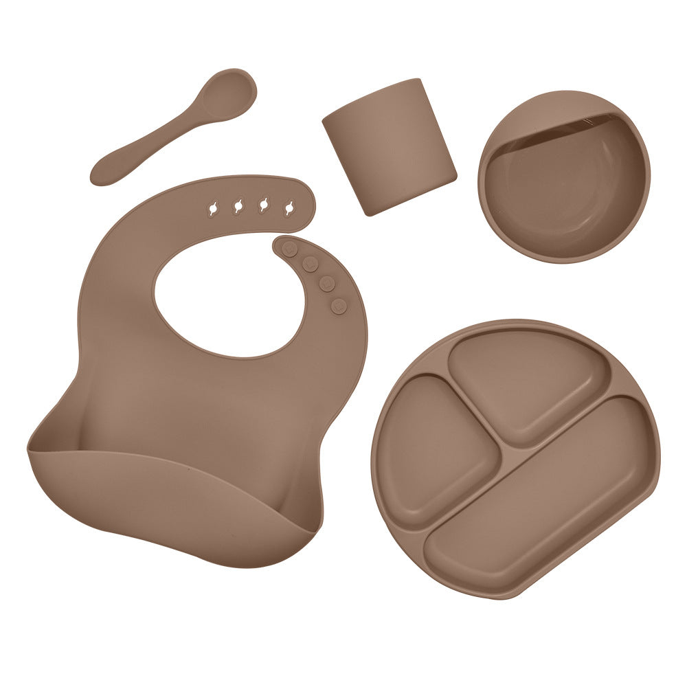 Juego de vajilla de silicona para niños, vajilla de alimentación complementaria para bebés, con bolsillo para saliva, ventosa, tazón, cuchara, plato de cena, babero, juego de 5 piezas
