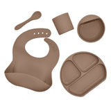 Juego de vajilla de silicona para niños, vajilla de alimentación complementaria para bebés, con bolsillo para saliva, ventosa, tazón, cuchara, plato de cena, babero, juego de 5 piezas