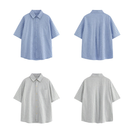 Patch striped casual loose silhouette short sleeved shirt for men - V.I.P Digital Presence