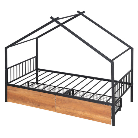 Twin Size Metal House Bed with Two Drawers, Black - V.I.P Digital Presence