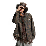 Leopard Print Denim Jacket   Style Men's Punk Spring and Autumn Loose Casual Washed Open Front Zipper Collar Outerwear - V.I.P Digital Presence
