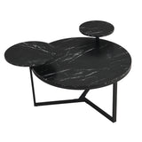 Modern coffee table with two display shelves, Black Faux marble surfaces, Tripod-inspired base,Rounded tabletop edges - V.I.P Digital Presence