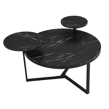 Modern coffee table with two display shelves, Black Faux marble surfaces, Tripod-inspired base,Rounded tabletop edges - V.I.P Digital Presence