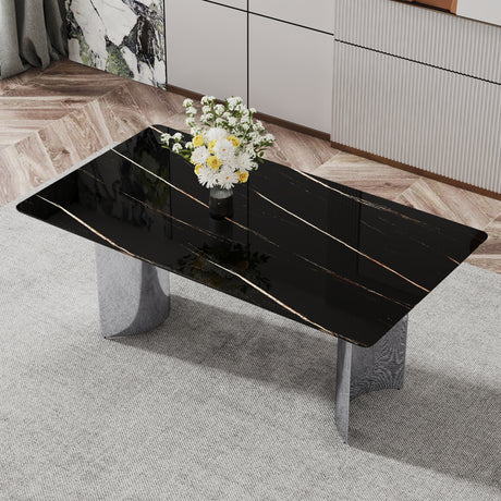 Modern minimalist dining table The black imitation marble glass desktop is equipped with silver metal legs - V.I.P Digital Presence